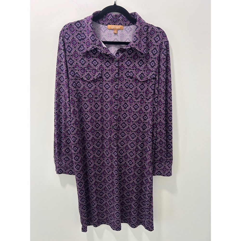 Ellen Tracy Purple Geometric Medallion Print Button Front Shirt Dress Large